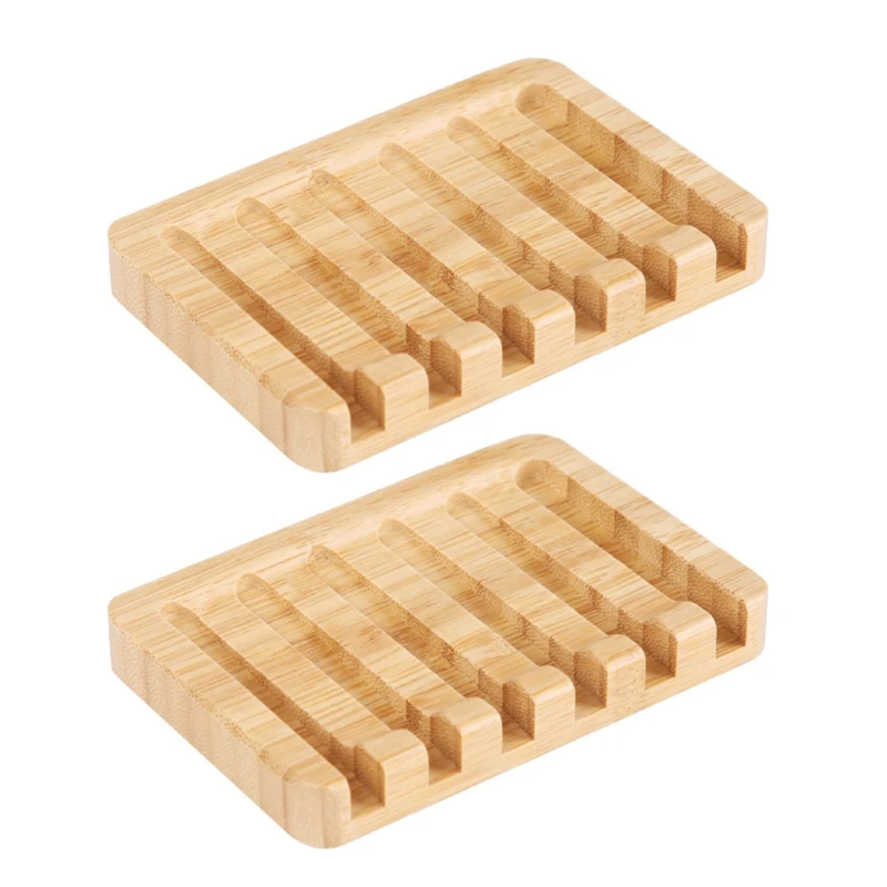 Wooden Bamboo Soap 2Pcs Tray Dish Holder Drain Storage Rack Bathroom Accessories 