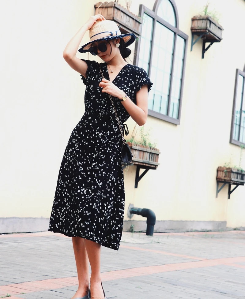 

Vintage Floral Print Wrap Dress V Neck Bow Tie Sashes Short Sleeve Female Streetwear Chic Mid Calf Dresses Vestidos