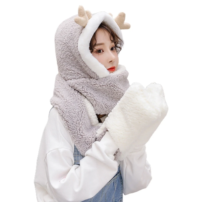 

Women Winter Warm 3 In 1 Hoodie Hat with Long Scarf Gloves Combo Cartoon Reindeer Antler Fluffy Plush Earflap Cap Mitten