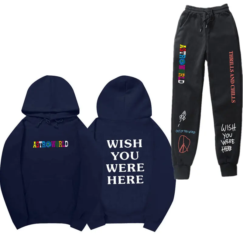 Трэвиса Скотта ASTROWORLD WISH YOU WAS HERE толстовки наборы уличная флисовая толстовка спортивные штаны Мужские Женские худи и брюки S-3XL