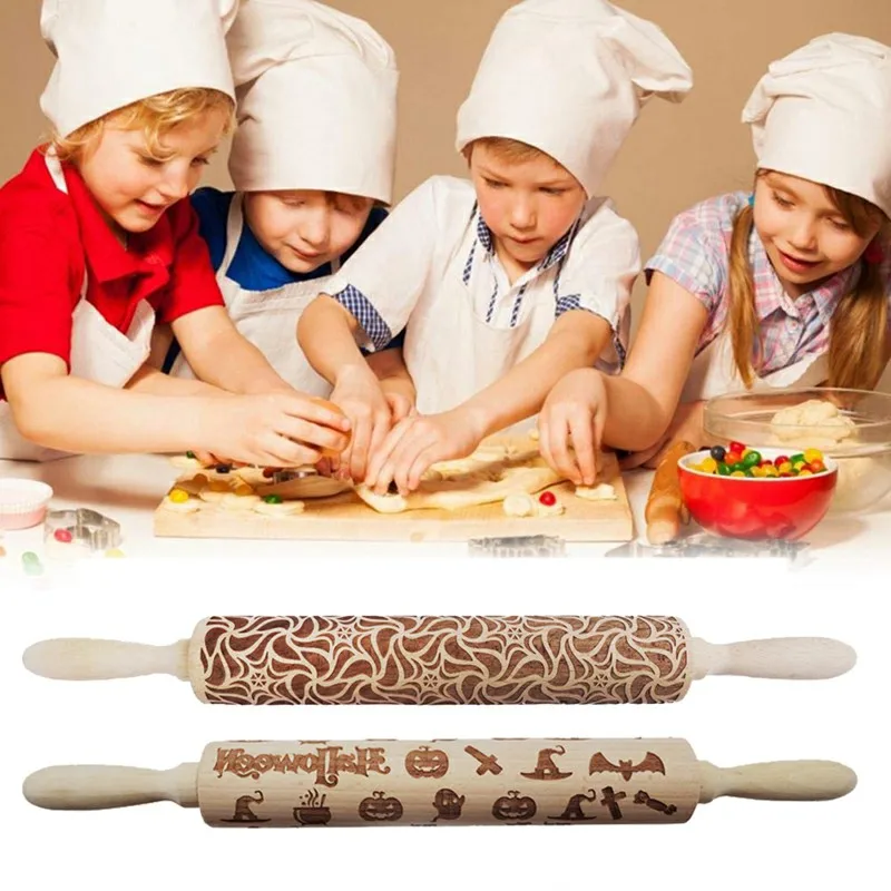 Christmas Embossing Rolling Pins Wooden Laser Engraved Carved Decorative Rolling Pin For DIY Cookies Noodle Biscuit Cake Fondant