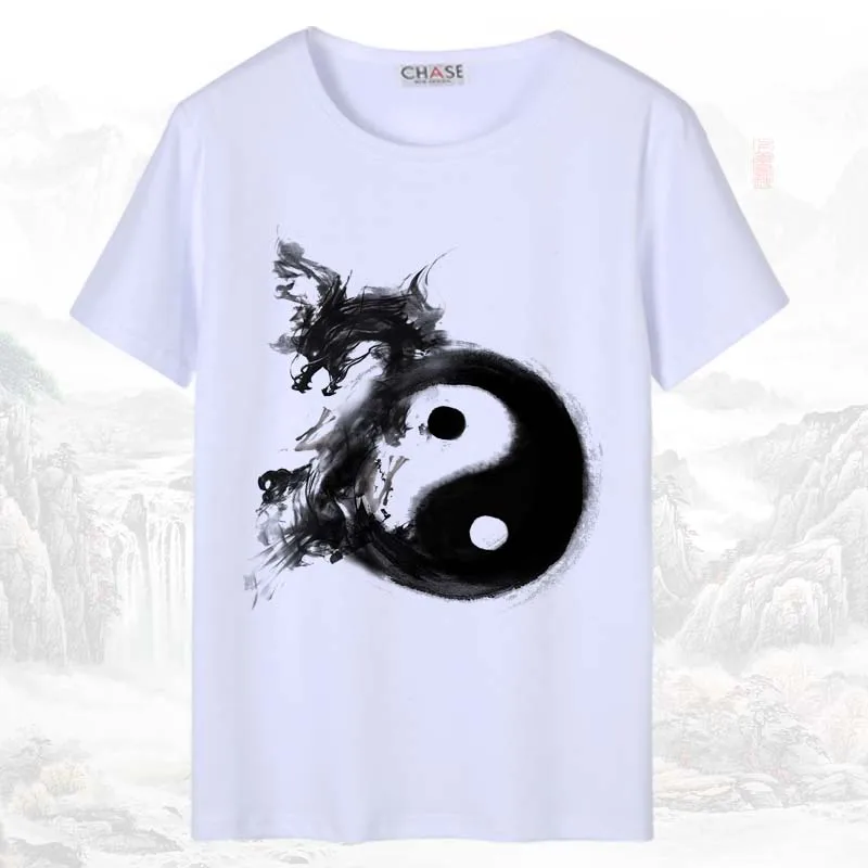 3D Print Short Sleeve Men Chinese Style T-shirt White Harajuku Ink-wash Painting National Dragon Woman Japanese Cotton Tang Suit