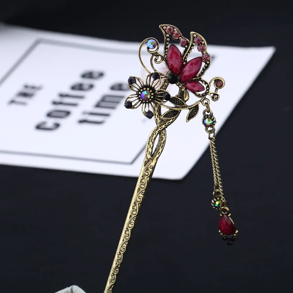 Vintage Rhinestone Butterfly Hair Stick Jewelry Wedding Hair Accessories Charm Metal Hairpins jewelry accessories hair accessory hair stick
