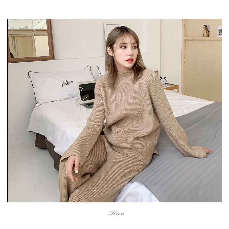 Knitted Women 2 Pieces Pant Sets Autumn Winter New Thicken Solid Warm Sweater and Wide Leg Pant Suits