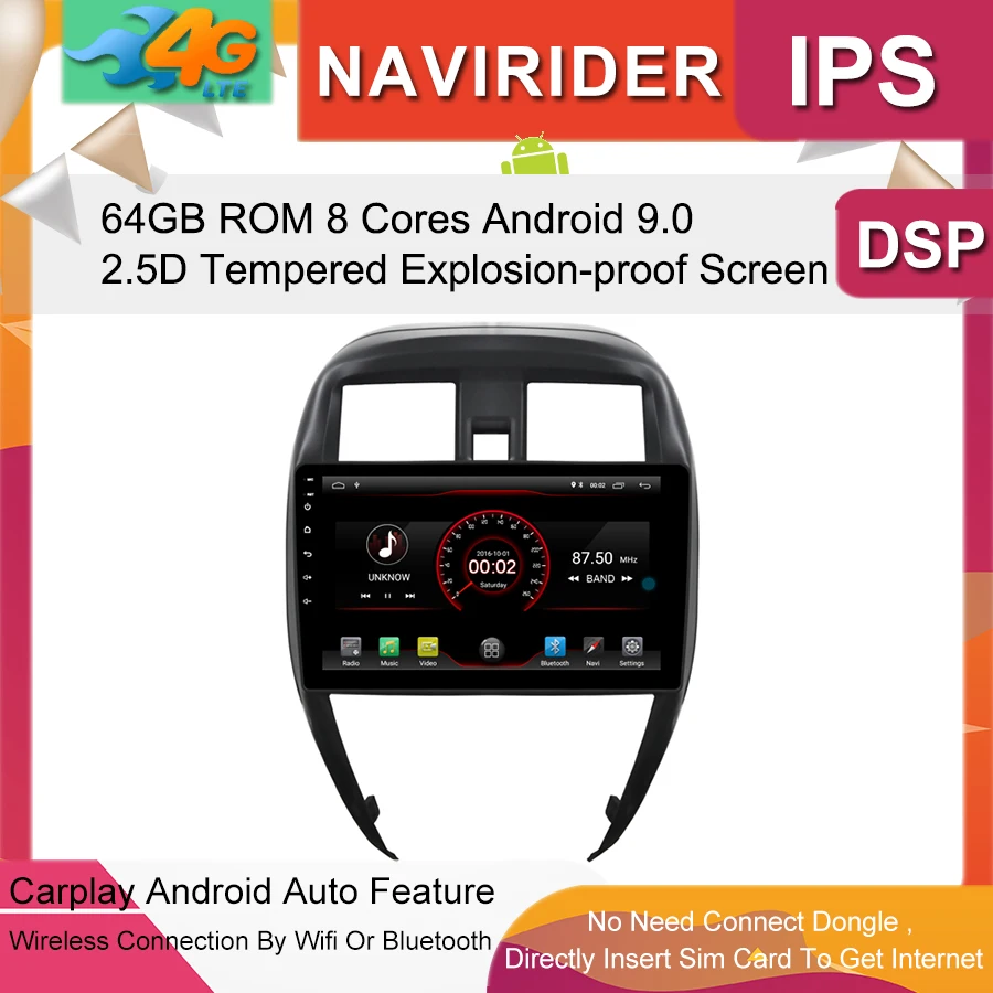 Автомобильный мультимедийный проигрыватель с IPS экраном 10 2 дюйма GPS Bluetooth Android 9 0