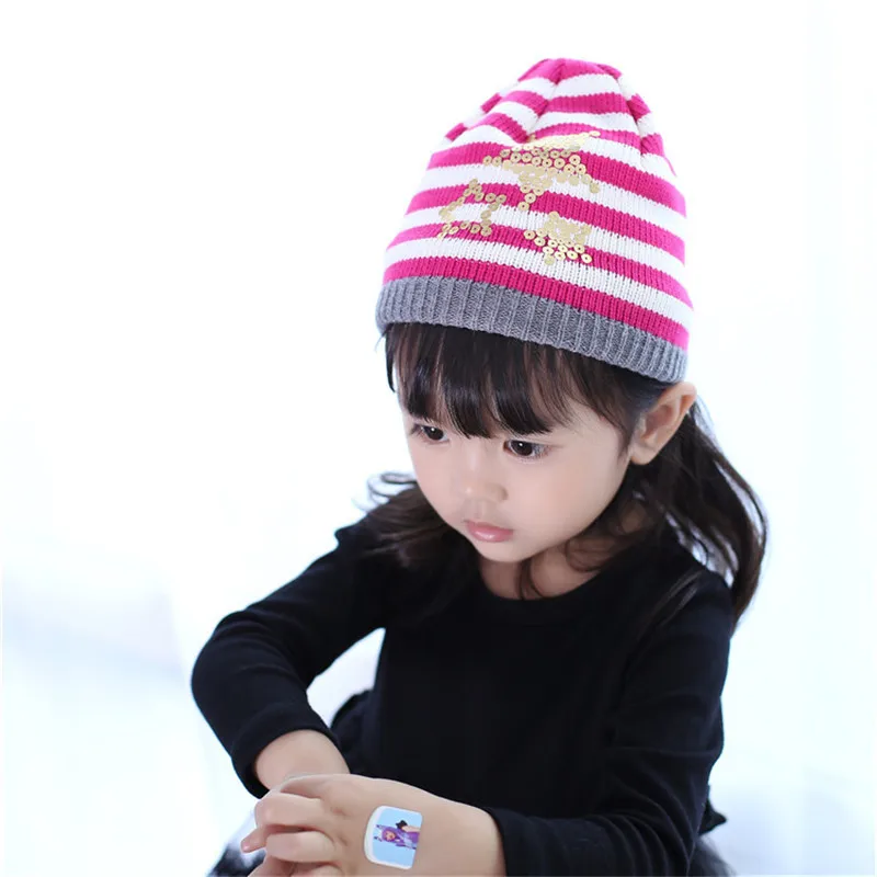 rose baby hat Новая модная вязаная крючком Осенняя горячая штамповка полосатая детская шапка вязаная зимняя детская шапка теплая шапка для маленьких девочек - Цвет: rose baby hat