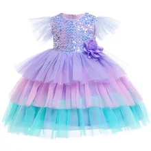 Летнее Новое нарядное платье с цветочным верхом, блестками и рукавами в виде листьев лотоса, пышное банкетное платье