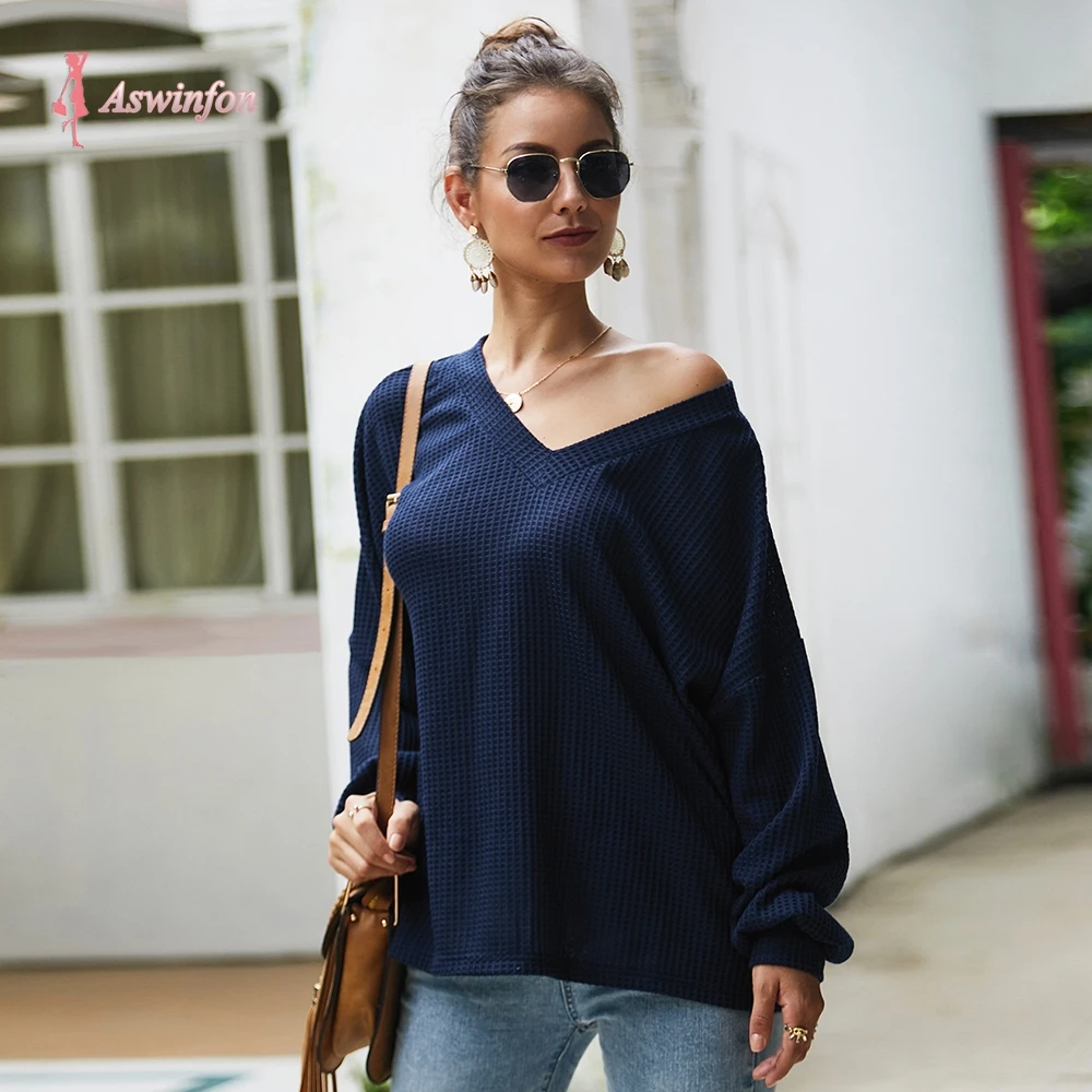 Aswinfon V-neck Long Sleeve Pullover For Women Fashion Knitted Sweaters Ladies Autumn Winter Solid Color Pullovers | Женская одежда