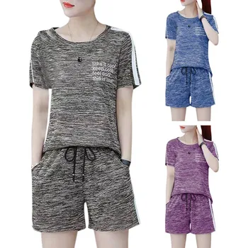 

Tracksuit For Women Summer Loose Simple Short Sleeve Solid Color T-Shirt Casual Slim Elastic Waist Body Shorts Two Piece Set