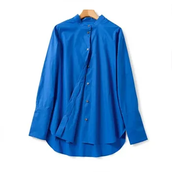 

Spring Blue Blouse Women Long Sleeve Casual Loose Side Split Shirt With Buttons Tops Female Blouse