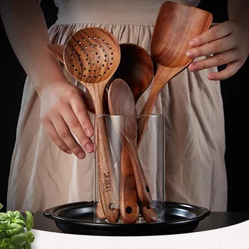 

Teak Handmade Wooden Spoon Long Handle Kitchen Cooking Tools Set Non-stick Pan Spatula Big Soup Spoon Tablewares Supply