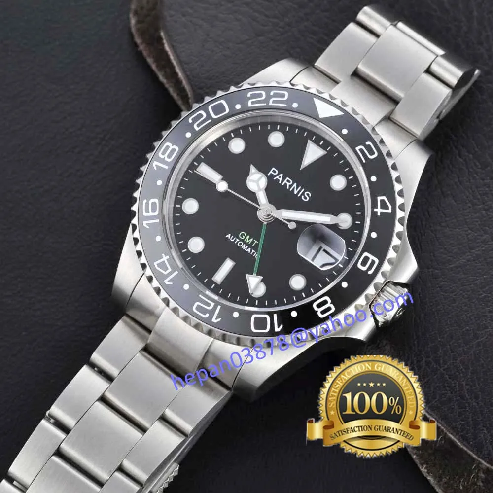 Мужские автоматические часы Parnis 40 мм GMT 3804 водонепроницаемые светящиеся
