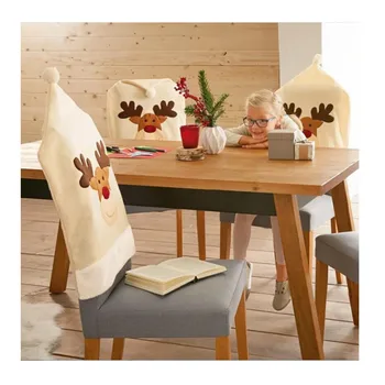

2021 New 1PC Beige Christmas Elk Embroidered Chair Cover Home Decor Dinner Chair Xmas Cap Gifts Chair Cover