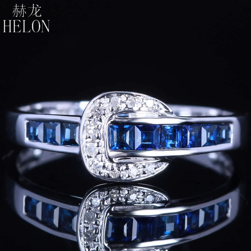 

HELON Solid 14k AU585 White Gold 0.52ct Genuine Sapphires Diamonds Fine Jewelry Engagement Wedding Ring Women Gemstone Ring