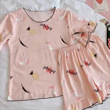 

2Pcs Summer Plus Size Pajamas For Women Sleepwear Cartoon Printed Loose Cute Pajamas Set Women Home Suit Short Sleeve Pyjamas