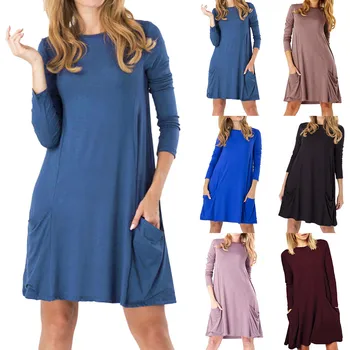 

Dress Women платье Autumn Winter Casual Fashion Round-necked Long-sleeved Pocket Solid Color Dress Wholesale Free Ship Z4