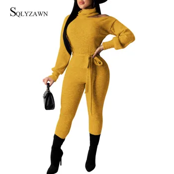 

Female Fall Winter Cotton Trutleneck Knitted Bodycon Jumpsuit Long Sleeve Hollow Out Bandage Belt Romper Gray Yellow Overalls.
