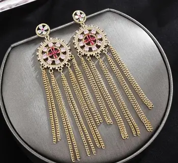 

Fashion zircon elegant ladies earrings disc flower tassel wedding long rhinestone ear accessories