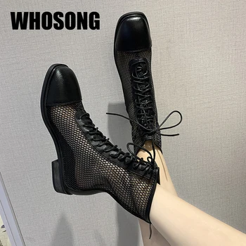 

2020 Summer Women Shoes Girls Mid Calf Martin Boots Woman Square Toe Boots Ladies Room Mesh Shoes Female Black Brand Botas New