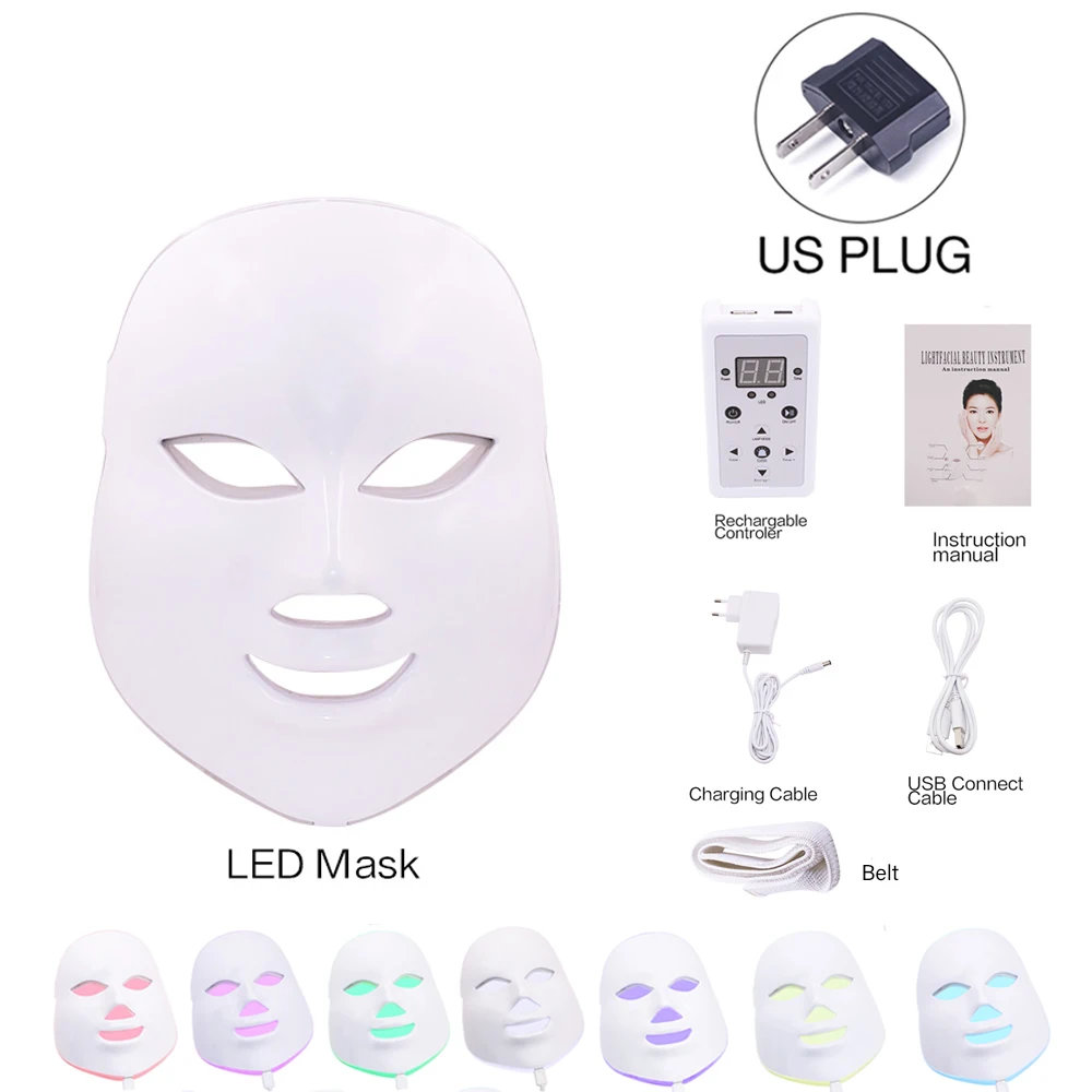 US Plug no Box 7 цветов Светодиодная фотонная терапия маска для лица с шеей отбеливающая омоложение кожи против морщин, акне косметический аппарат спа для лица - Цвет: US Plug no Box