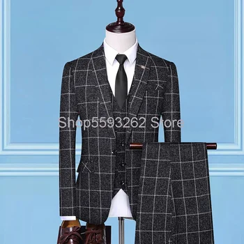 

Hong wo Qiu men's plaid suit one button men's suit vest three-piece knot dress