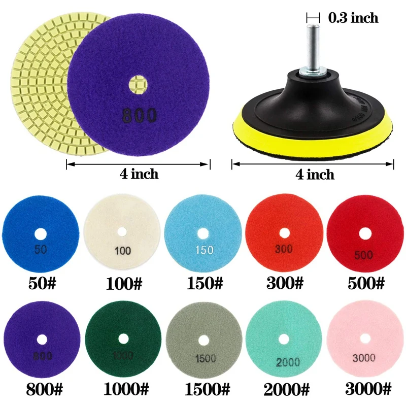 Polishing Kit for Granite Marble Concrete and Stone Backer ibouteek Diamond Polishing Pads 4 inch Wet/Dry 10 Pads