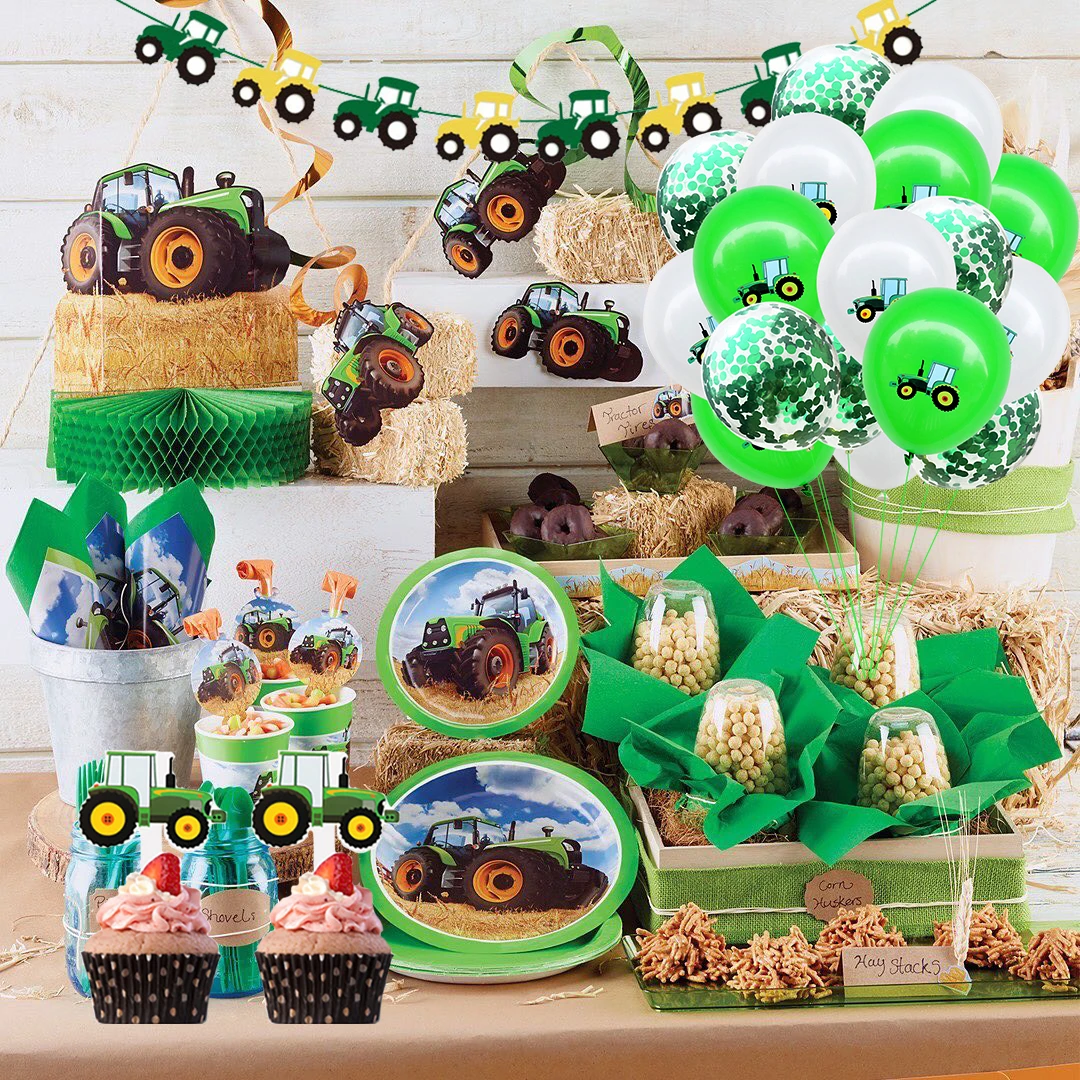 Juego de globos con cartel de feliz cumpleaños, tema verde, granja, Tractor, vehículo de construcción, decoración de fiesta de cumpleaños