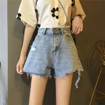 

Women's jeans spring 2020 new high-waist straight straight loose hole raw edge wide leg pants hot pants shorts