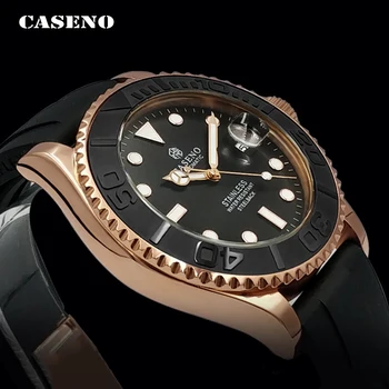 

Automatic Mechanical Watch Men Top Luxury Brand Mens Watches Black Ceramic Outer Ring Gold Stainless Steel Silicone Watch CASENO