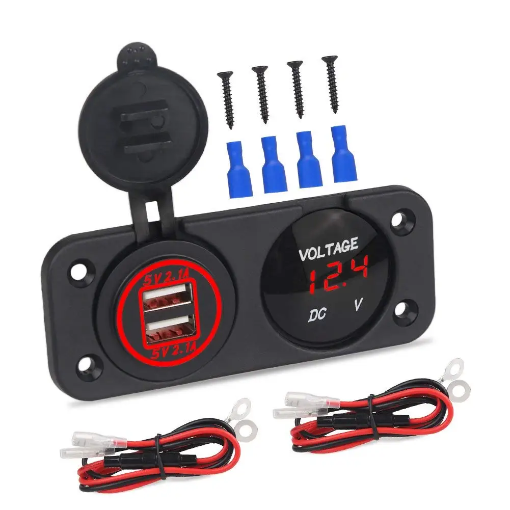 Красный DIY Автомобильный вольтметр двойной USB зарядное устройство 4.2A разъем питания два отверстия панель водонепроницаемый колпачок для автомобиля Мотоцикл лодка с 25 см кабели - Название цвета: Красный
