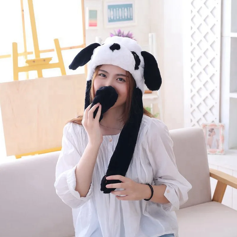 

Kawaii Children Adult Short Plush 3D Cartoon Panda Animal Hat with Moving Ears Double Airbag Paws Warm Earflap Cap Party Props