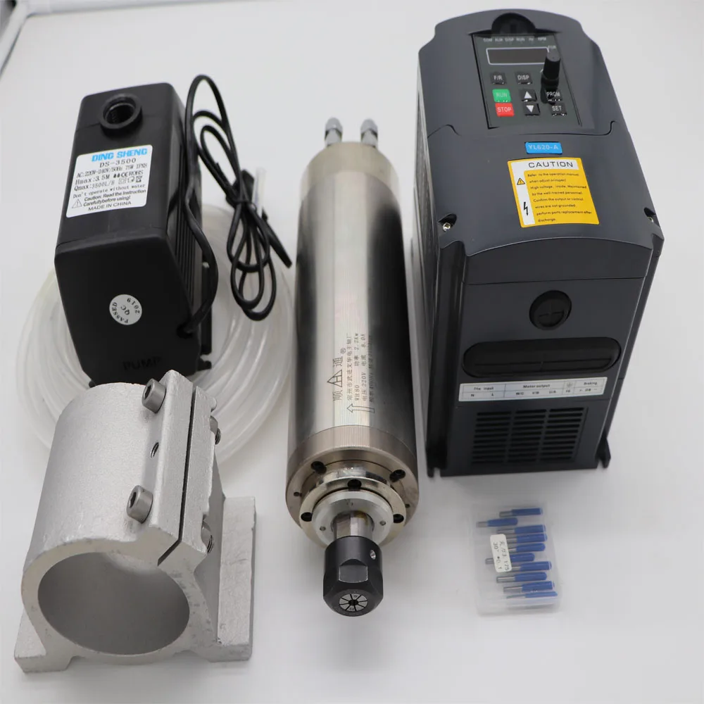 

CNC spindle kit ER20 2.2KW water cooling spindle+ 2.2KW inverter+water pump +water pipe + spindle support +cnc engraving bits