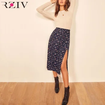 

RZIV Summer Boho Women's Split Skirt Button Split Midi A- line Skirt Floral A Lina High Waist skrit