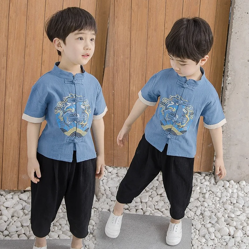 3Colors Chinese Boys Coutumes Sets Traditional Clothes Tang Suit Baby Cotton Tops Coat Short Sleeve Shirts Loose Hanfu Pants