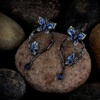 

New Black Gold Filled Elegant Butterfly Drop Earrings for Women AAA Zircon Blue Enamel Wedding Bride Dangle Earrings Jewelry