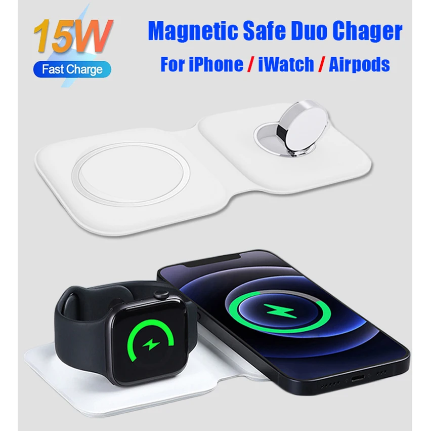 Qi 15W Wireless Fast Charging 2in1 Magnetic Safe DUO Charger for iPhone 12 Pro Max Dock for Apple Watch Airpod For iPhone 11