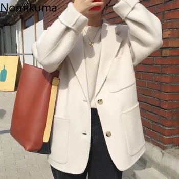 

Nomikuma Korean Elegant Notched Collar Woolen Coat 2020 Autumn Winter Women Suit Jacket Causal Long Sleeve Pockets Blazers 6C565