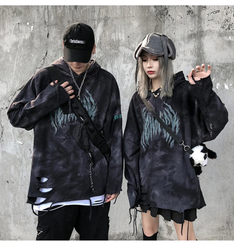 Aolamegs Hoodies Men Retro Broken Hole Hoodie Pullover Baggy Tops Casual Hip Hop Retro Style Sweatshirt High Street Streetwear