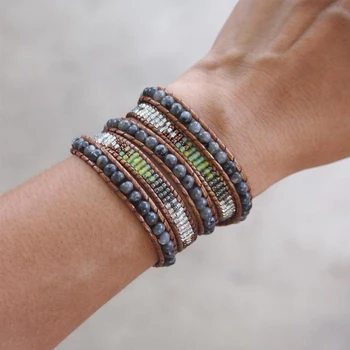 

Exquisite Gray Labradorite Beaded Wrap Bracelets for Women 5Layers Seed Beads Handmade Braided Bohemian Bracelet Fashion Jewelry