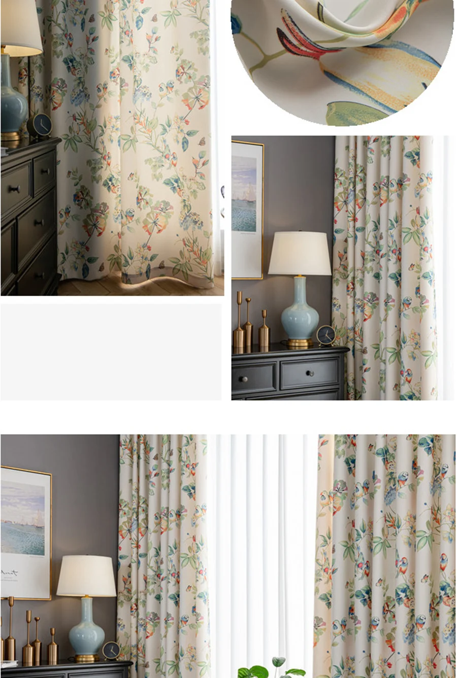 Flower Birds Semi-Shading Silk Satin Fabrics Bedroom Curtains American Country Pastoral Retro Blinds For Living Room Decoration