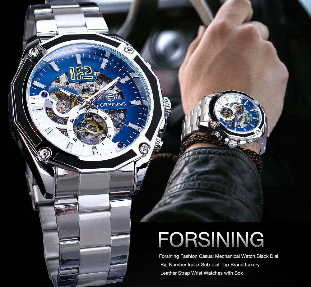 Forsining relógio mecânico steampunk masculino, relógio esportivo