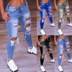 Luz azul rasgado jeans para as mulheres 2021 estilo rua sexy baixo ascensão angustiado calças estiramento buraco magro denim lápis calças