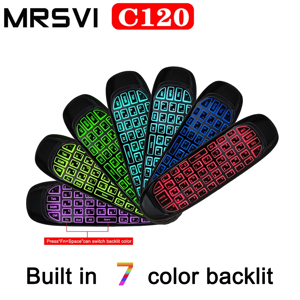 

Hottest 7 color backlit English C120 Gyroscope Fly air mouse 6 Axis Sensor android Remote Control mini 2.4Ghz wireless keyboard