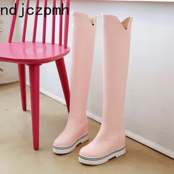 

Over The Knee Boots The New Winter Fashion Round Head Internal Increase Mid Heel Thigh High Boots Shoes Women Plus Size 33-43