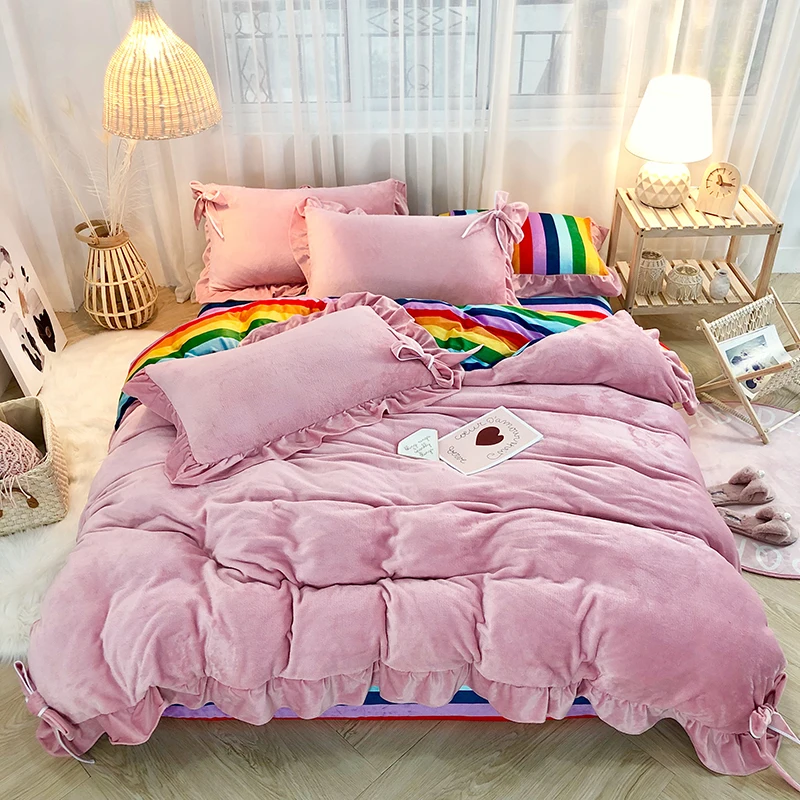 Серый, розовый, белый, Радужный флисовый фланелевый бархатный зимний набор постельных принадлежностей для девочек с рюшами и бантом, пододеяльник, постельное белье, простыня, наволочки