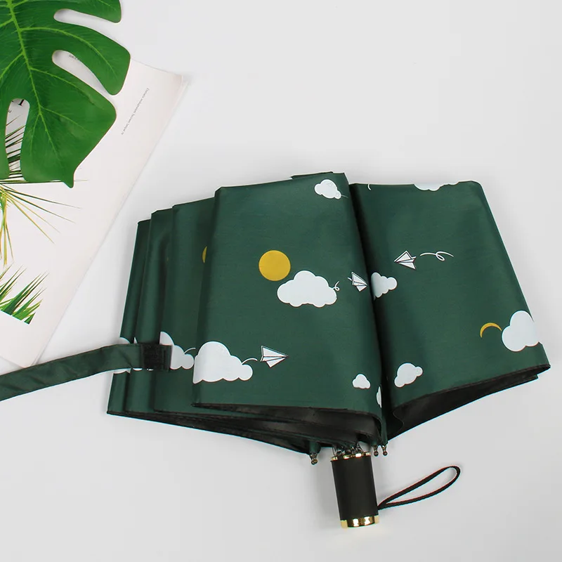 Dark green new nine-ply board folding small fresh aircraft three fold anti-UV folding hand open black plastic sunscreen umbrella - Цвет: Dark green
