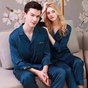 

Couple Pajamas 2020 Spring and Autumn New Long-sleeved Sexy Simulation Silk Pajamas Large Size Couple Pajamas Set