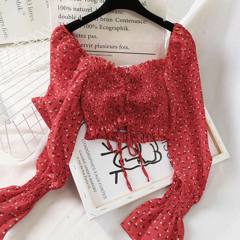 

floral women blouse and shirt puff sleeved flare square collar short lady elegant shirts fashion outwear coat tops