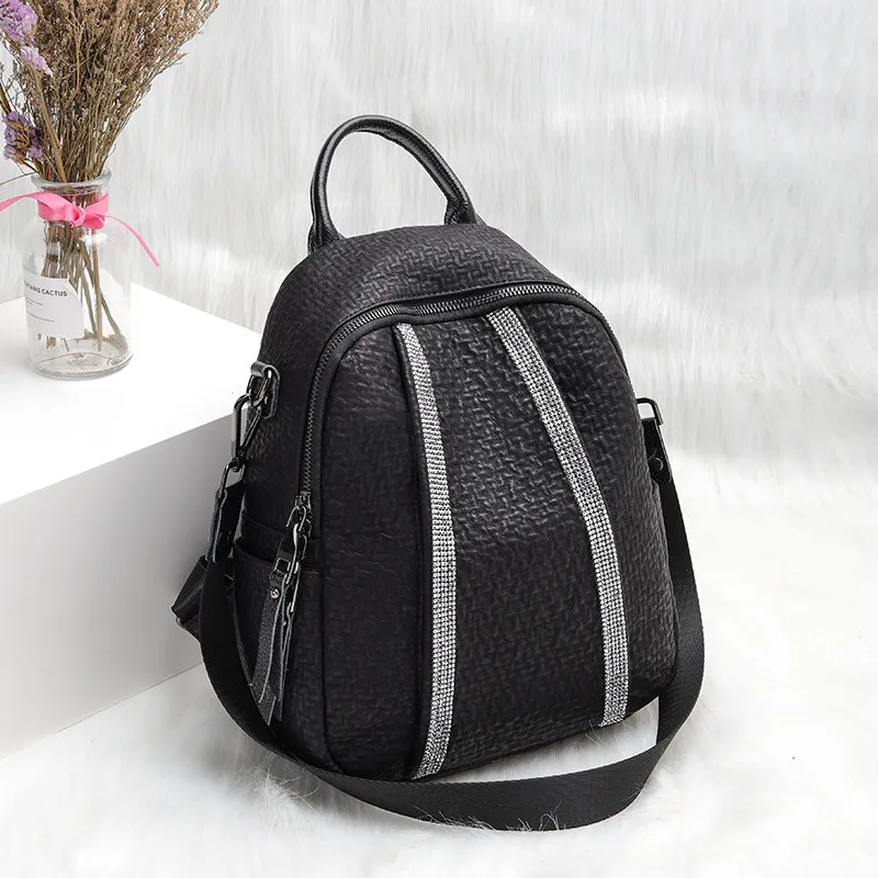 Mochila para Mujer, nueva moda 2020, Mochila multiusos de diamantes de imitación para Mujer, Mochila de viaje informal negra, Mochila femenina
