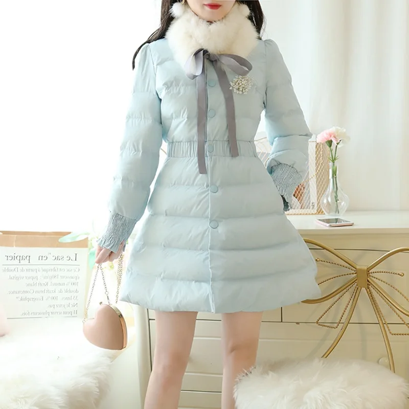 

Elegant Debutante Graceful Coat Women Coat Korean-style CHIC Bow Furry Collar Waist Hugging Cotton Coat Ladies'